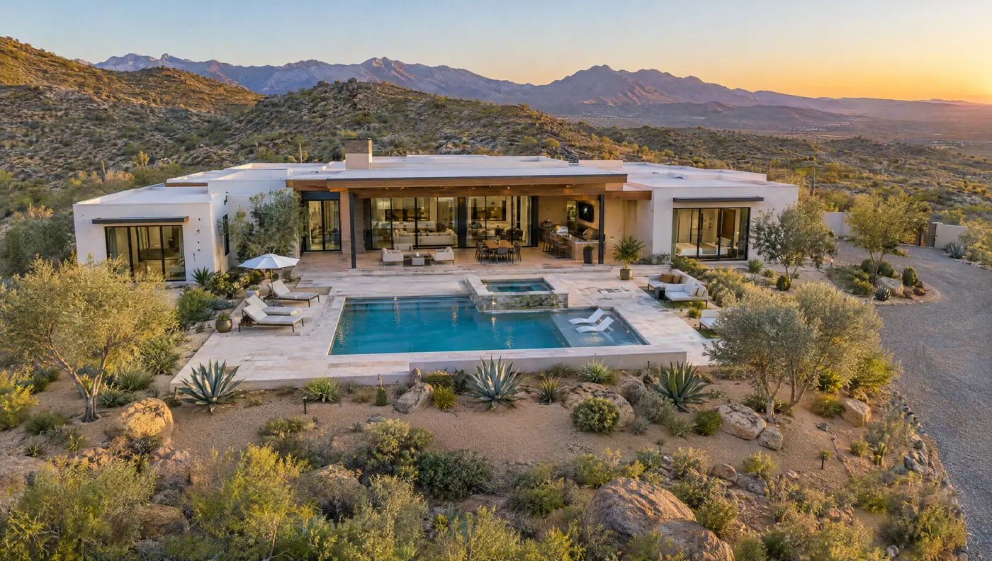 A finished modern home and pool built as the visitor scrolls