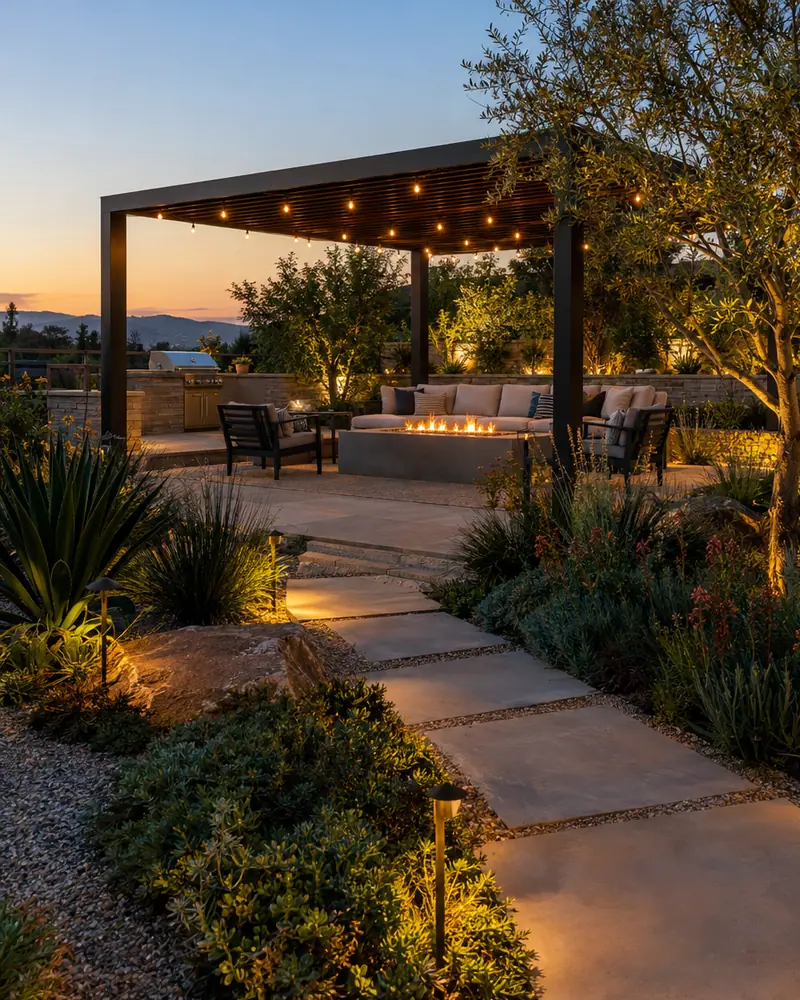Backyard outdoor living space with pergola and fire pit